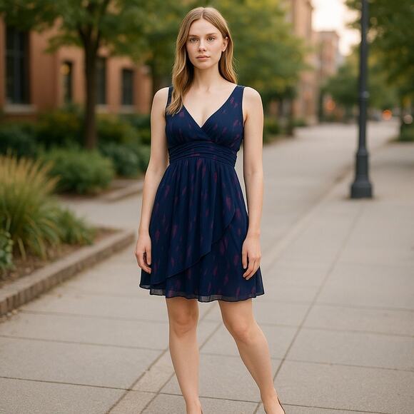 BCBG Generation Navy Purple Abstract Print V-Neck Dress, Size 10 - Picture 1 of 15